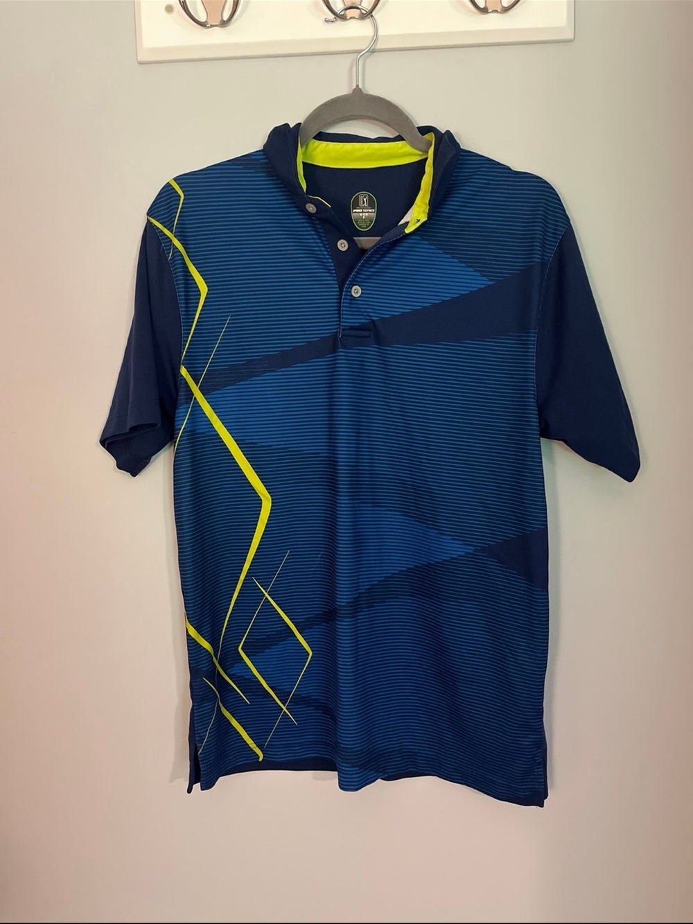 PGA Tour Navy Polo with Neon Yellow Graphic Accents